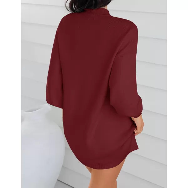 imageZESICA Womens 2023 Fall Turtleneck Sweaters Dress Oversized Long Lantern Sleeve Casual Knit Pullover Short DressesWine