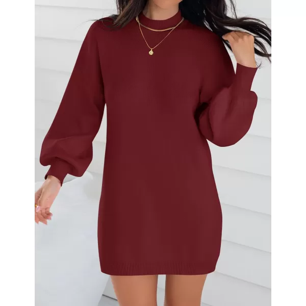 imageZESICA Womens 2023 Fall Turtleneck Sweaters Dress Oversized Long Lantern Sleeve Casual Knit Pullover Short DressesWine