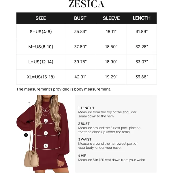 imageZESICA Womens 2023 Fall Turtleneck Sweaters Dress Oversized Long Lantern Sleeve Casual Knit Pullover Short DressesWine