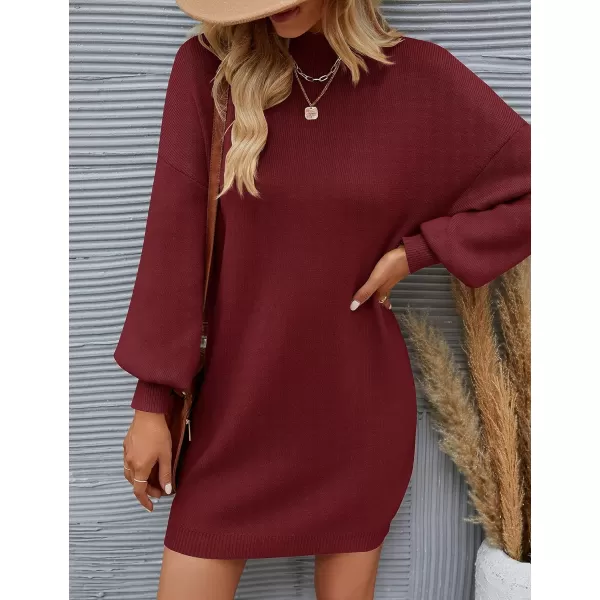 imageZESICA Womens 2023 Fall Turtleneck Sweaters Dress Oversized Long Lantern Sleeve Casual Knit Pullover Short DressesWine