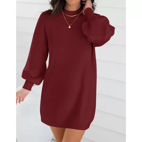 imageZESICA Womens 2023 Fall Turtleneck Sweaters Dress Oversized Long Lantern Sleeve Casual Knit Pullover Short DressesWine