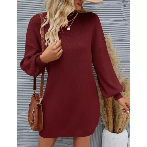 imageZESICA Womens 2023 Fall Turtleneck Sweaters Dress Oversized Long Lantern Sleeve Casual Knit Pullover Short DressesWine
