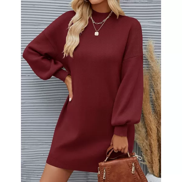 imageZESICA Womens 2023 Fall Turtleneck Sweaters Dress Oversized Long Lantern Sleeve Casual Knit Pullover Short DressesWine