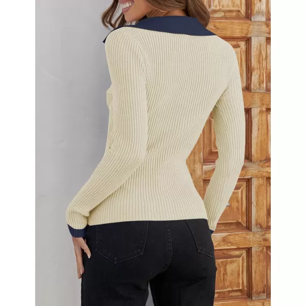 imageZESICA Womens 2023 Fall V Neck Shirts Long Sleeve Ribbed Knit Sweater Lapel Slim Fitted Casual Basic Tee TopsApricot