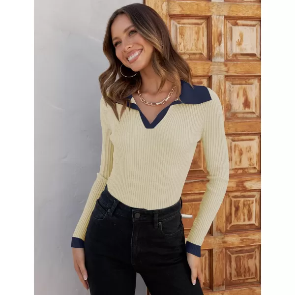 imageZESICA Womens 2023 Fall V Neck Shirts Long Sleeve Ribbed Knit Sweater Lapel Slim Fitted Casual Basic Tee TopsApricot
