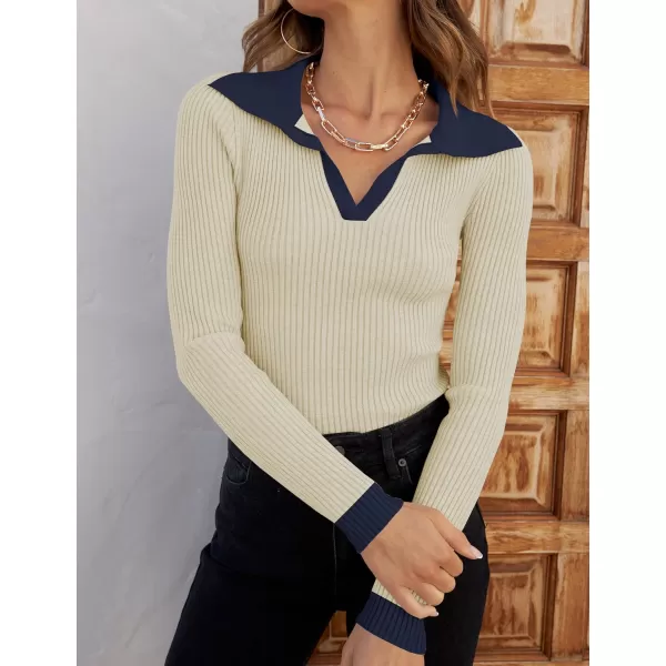 imageZESICA Womens 2023 Fall V Neck Shirts Long Sleeve Ribbed Knit Sweater Lapel Slim Fitted Casual Basic Tee TopsApricot