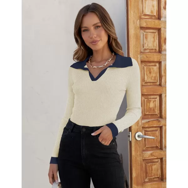 imageZESICA Womens 2023 Fall V Neck Shirts Long Sleeve Ribbed Knit Sweater Lapel Slim Fitted Casual Basic Tee TopsApricot