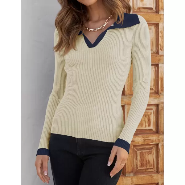 imageZESICA Womens 2023 Fall V Neck Shirts Long Sleeve Ribbed Knit Sweater Lapel Slim Fitted Casual Basic Tee TopsApricot
