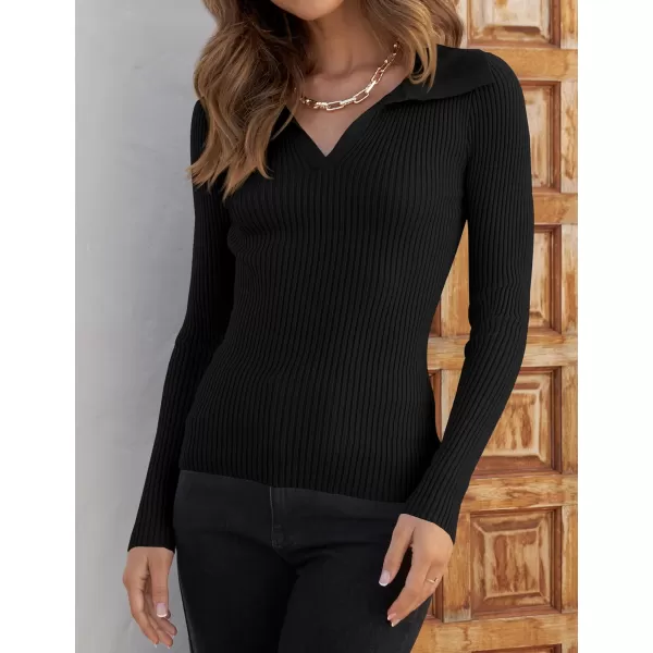 imageZESICA Womens 2023 Fall V Neck Shirts Long Sleeve Ribbed Knit Sweater Lapel Slim Fitted Casual Basic Tee TopsBlack