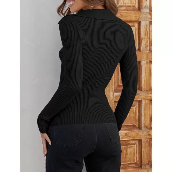 imageZESICA Womens 2023 Fall V Neck Shirts Long Sleeve Ribbed Knit Sweater Lapel Slim Fitted Casual Basic Tee TopsBlack