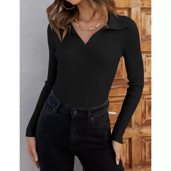 imageZESICA Womens 2023 Fall V Neck Shirts Long Sleeve Ribbed Knit Sweater Lapel Slim Fitted Casual Basic Tee TopsBlack