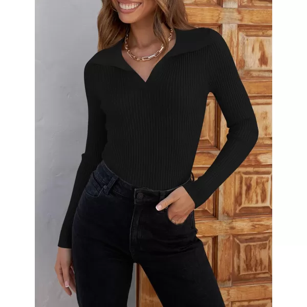 imageZESICA Womens 2023 Fall V Neck Shirts Long Sleeve Ribbed Knit Sweater Lapel Slim Fitted Casual Basic Tee TopsBlack
