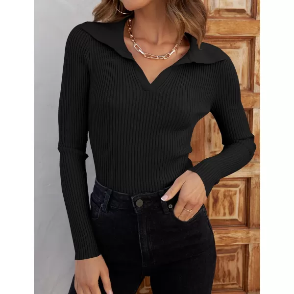 imageZESICA Womens 2023 Fall V Neck Shirts Long Sleeve Ribbed Knit Sweater Lapel Slim Fitted Casual Basic Tee TopsBlack