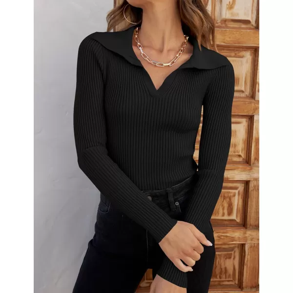 imageZESICA Womens 2023 Fall V Neck Shirts Long Sleeve Ribbed Knit Sweater Lapel Slim Fitted Casual Basic Tee TopsBlack