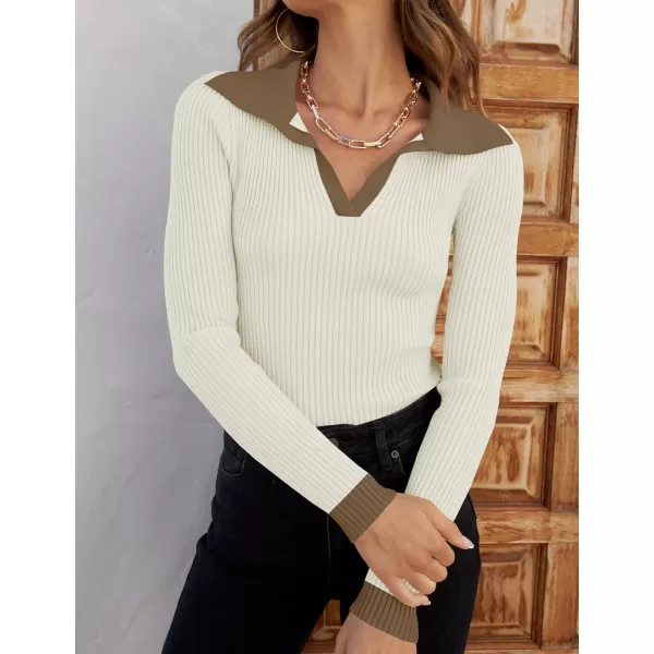 imageZESICA Womens 2023 Fall V Neck Shirts Long Sleeve Ribbed Knit Sweater Lapel Slim Fitted Casual Basic Tee TopsCream