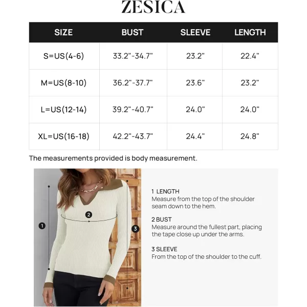 imageZESICA Womens 2023 Fall V Neck Shirts Long Sleeve Ribbed Knit Sweater Lapel Slim Fitted Casual Basic Tee TopsCream