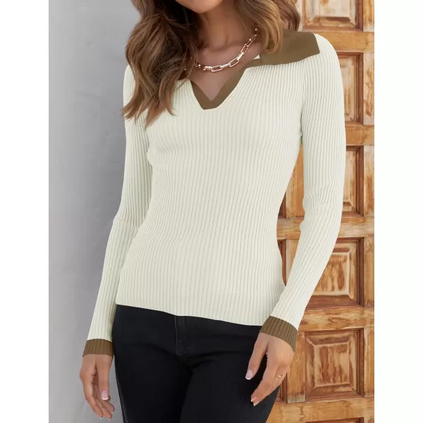 imageZESICA Womens 2023 Fall V Neck Shirts Long Sleeve Ribbed Knit Sweater Lapel Slim Fitted Casual Basic Tee TopsCream
