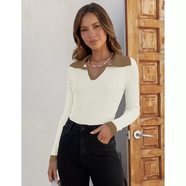 imageZESICA Womens 2023 Fall V Neck Shirts Long Sleeve Ribbed Knit Sweater Lapel Slim Fitted Casual Basic Tee TopsCream
