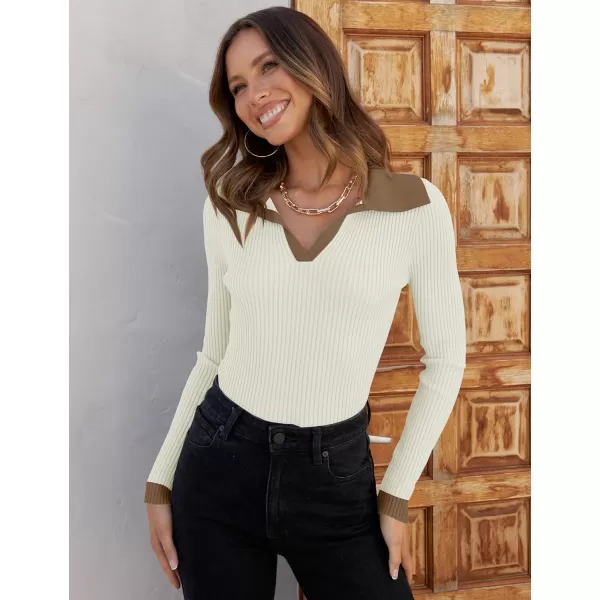 imageZESICA Womens 2023 Fall V Neck Shirts Long Sleeve Ribbed Knit Sweater Lapel Slim Fitted Casual Basic Tee TopsCream