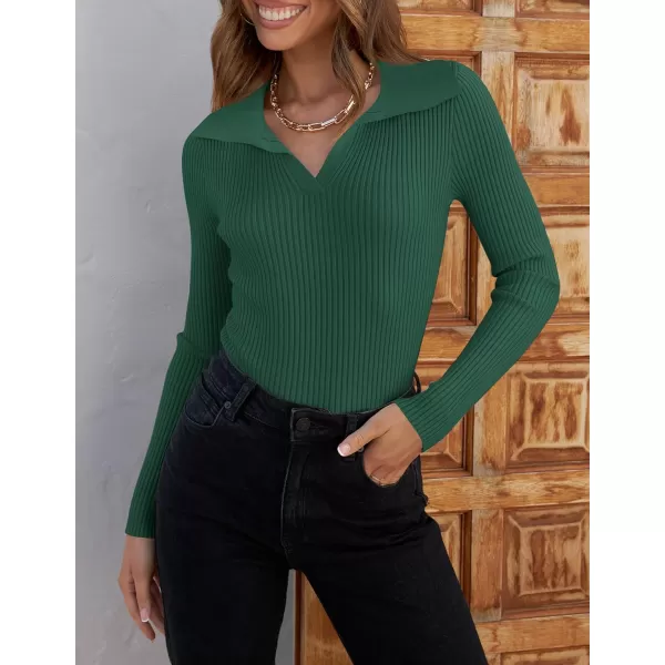 imageZESICA Womens 2023 Fall V Neck Shirts Long Sleeve Ribbed Knit Sweater Lapel Slim Fitted Casual Basic Tee TopsDarkgreen