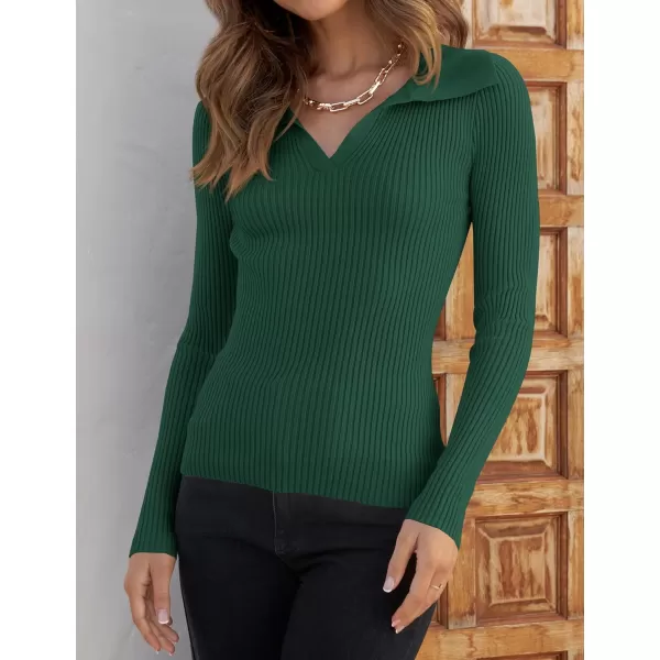 imageZESICA Womens 2023 Fall V Neck Shirts Long Sleeve Ribbed Knit Sweater Lapel Slim Fitted Casual Basic Tee TopsDarkgreen