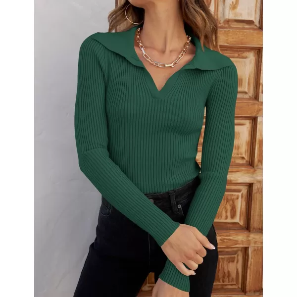 imageZESICA Womens 2023 Fall V Neck Shirts Long Sleeve Ribbed Knit Sweater Lapel Slim Fitted Casual Basic Tee TopsDarkgreen
