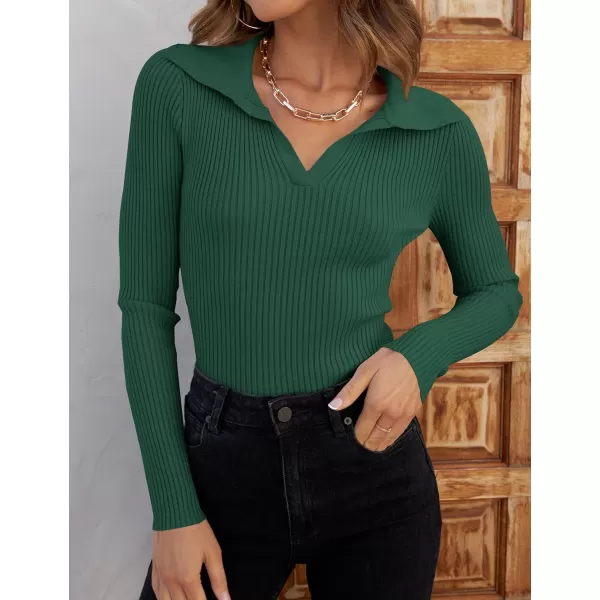 imageZESICA Womens 2023 Fall V Neck Shirts Long Sleeve Ribbed Knit Sweater Lapel Slim Fitted Casual Basic Tee TopsDarkgreen