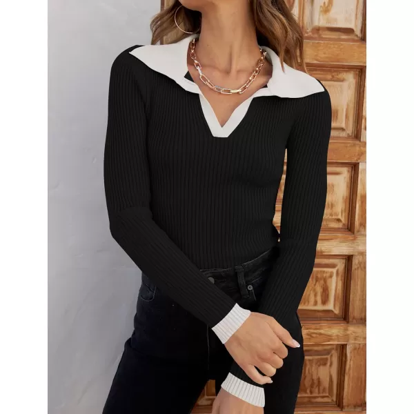 imageZESICA Womens 2023 Fall V Neck Shirts Long Sleeve Ribbed Knit Sweater Lapel Slim Fitted Casual Basic Tee TopsDim