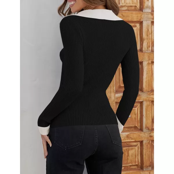 imageZESICA Womens 2023 Fall V Neck Shirts Long Sleeve Ribbed Knit Sweater Lapel Slim Fitted Casual Basic Tee TopsDim