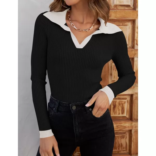 imageZESICA Womens 2023 Fall V Neck Shirts Long Sleeve Ribbed Knit Sweater Lapel Slim Fitted Casual Basic Tee TopsDim