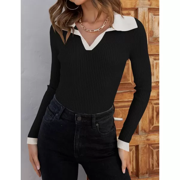 imageZESICA Womens 2023 Fall V Neck Shirts Long Sleeve Ribbed Knit Sweater Lapel Slim Fitted Casual Basic Tee TopsDim
