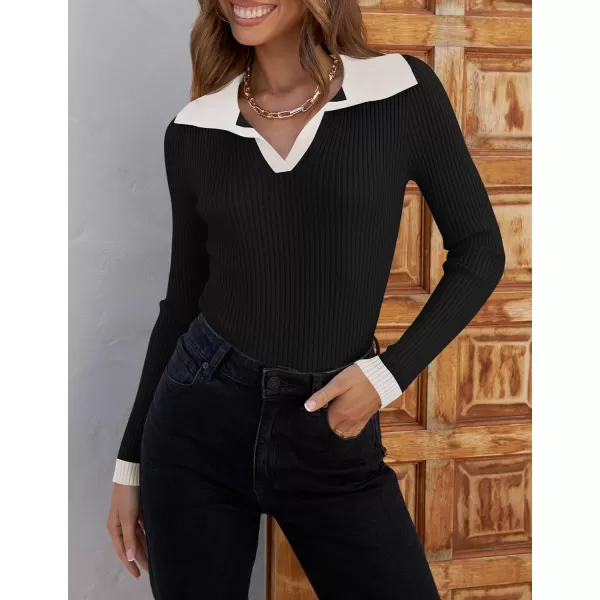 imageZESICA Womens 2023 Fall V Neck Shirts Long Sleeve Ribbed Knit Sweater Lapel Slim Fitted Casual Basic Tee TopsDim
