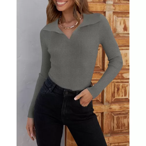 imageZESICA Womens 2023 Fall V Neck Shirts Long Sleeve Ribbed Knit Sweater Lapel Slim Fitted Casual Basic Tee TopsGrey