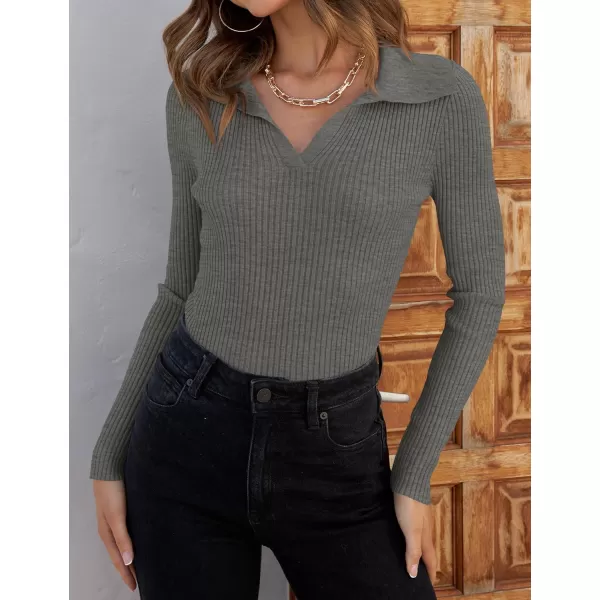 imageZESICA Womens 2023 Fall V Neck Shirts Long Sleeve Ribbed Knit Sweater Lapel Slim Fitted Casual Basic Tee TopsGrey
