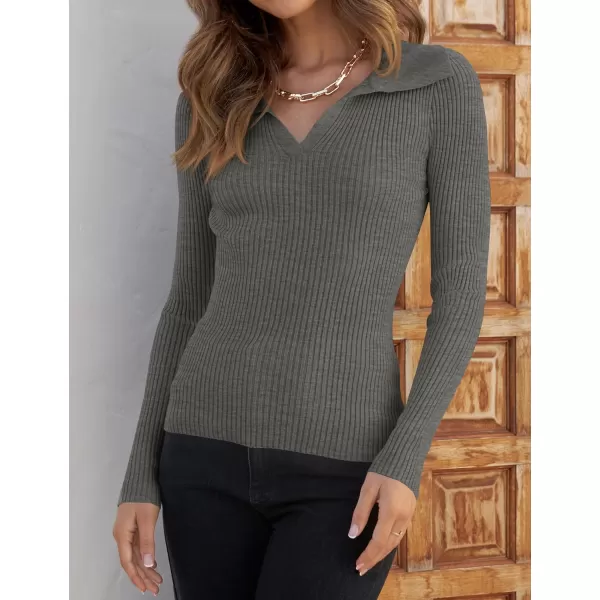 imageZESICA Womens 2023 Fall V Neck Shirts Long Sleeve Ribbed Knit Sweater Lapel Slim Fitted Casual Basic Tee TopsGrey