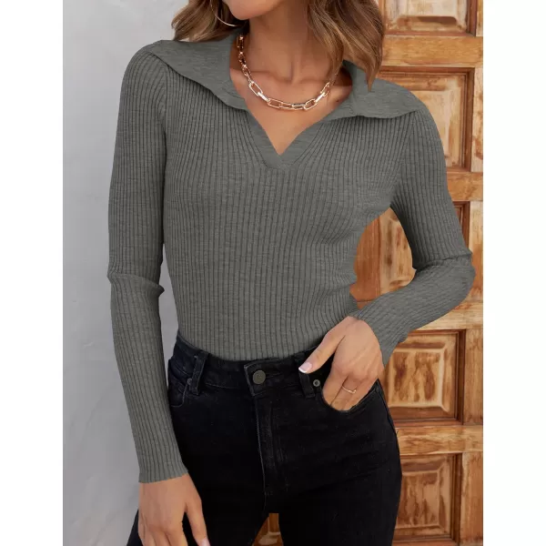 imageZESICA Womens 2023 Fall V Neck Shirts Long Sleeve Ribbed Knit Sweater Lapel Slim Fitted Casual Basic Tee TopsGrey