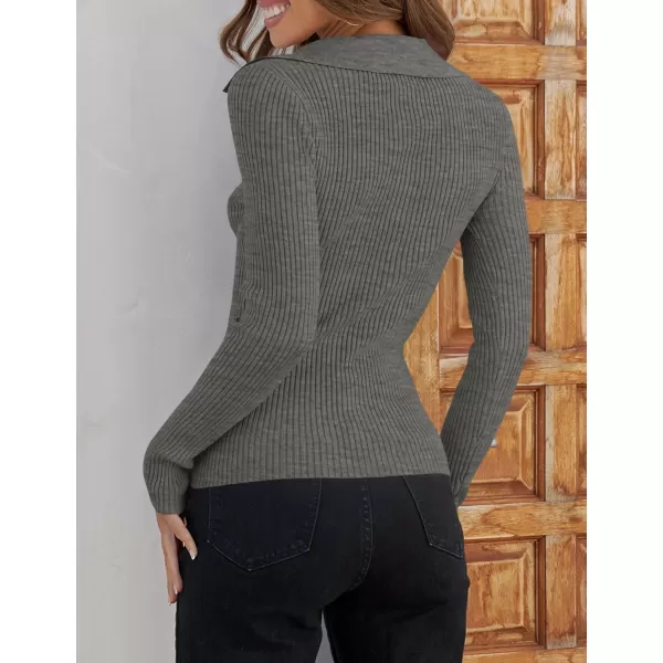 imageZESICA Womens 2023 Fall V Neck Shirts Long Sleeve Ribbed Knit Sweater Lapel Slim Fitted Casual Basic Tee TopsGrey