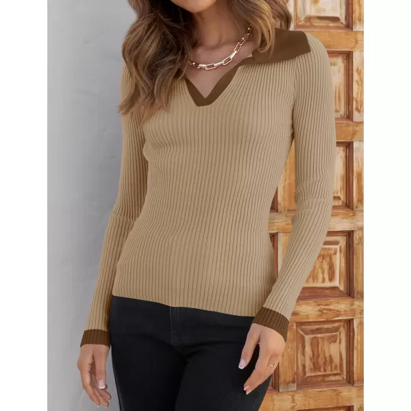 imageZESICA Womens 2023 Fall V Neck Shirts Long Sleeve Ribbed Knit Sweater Lapel Slim Fitted Casual Basic Tee TopsKhaki