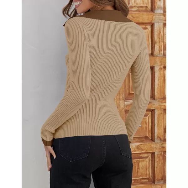 imageZESICA Womens 2023 Fall V Neck Shirts Long Sleeve Ribbed Knit Sweater Lapel Slim Fitted Casual Basic Tee TopsKhaki
