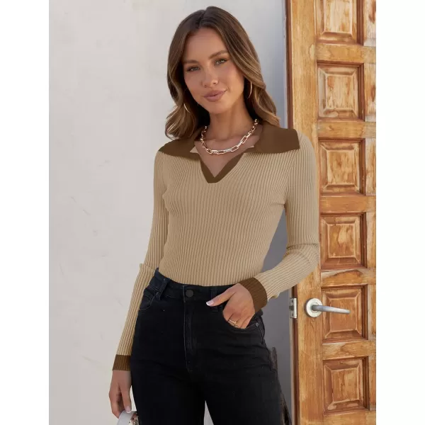 imageZESICA Womens 2023 Fall V Neck Shirts Long Sleeve Ribbed Knit Sweater Lapel Slim Fitted Casual Basic Tee TopsKhaki