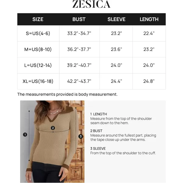 imageZESICA Womens 2023 Fall V Neck Shirts Long Sleeve Ribbed Knit Sweater Lapel Slim Fitted Casual Basic Tee TopsKhaki