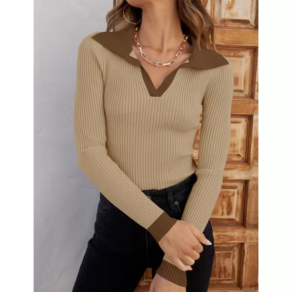 imageZESICA Womens 2023 Fall V Neck Shirts Long Sleeve Ribbed Knit Sweater Lapel Slim Fitted Casual Basic Tee TopsKhaki