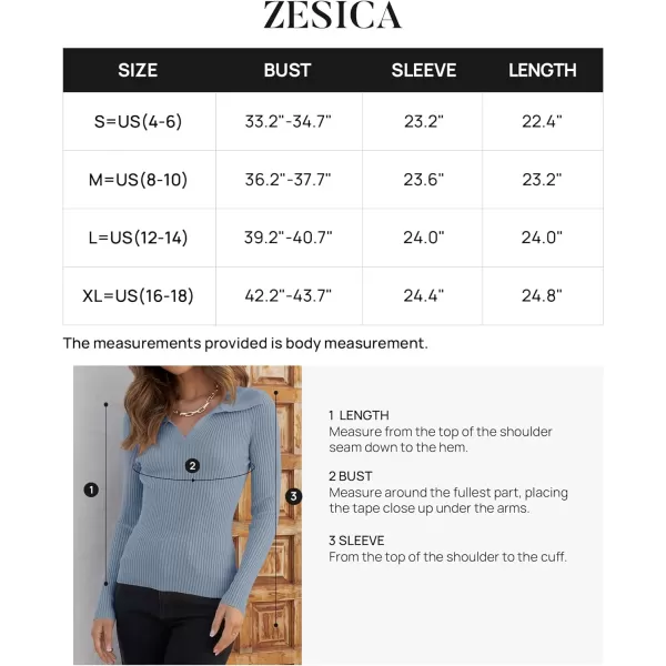 imageZESICA Womens 2023 Fall V Neck Shirts Long Sleeve Ribbed Knit Sweater Lapel Slim Fitted Casual Basic Tee TopsLightblue