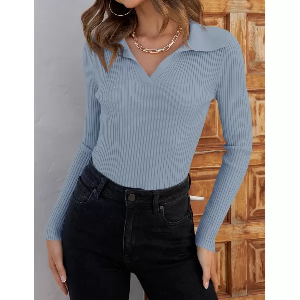 imageZESICA Womens 2023 Fall V Neck Shirts Long Sleeve Ribbed Knit Sweater Lapel Slim Fitted Casual Basic Tee TopsLightblue