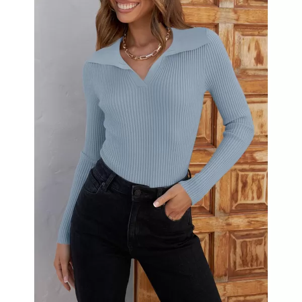 imageZESICA Womens 2023 Fall V Neck Shirts Long Sleeve Ribbed Knit Sweater Lapel Slim Fitted Casual Basic Tee TopsLightblue