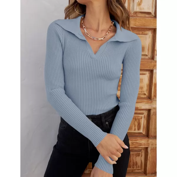 imageZESICA Womens 2023 Fall V Neck Shirts Long Sleeve Ribbed Knit Sweater Lapel Slim Fitted Casual Basic Tee TopsLightblue