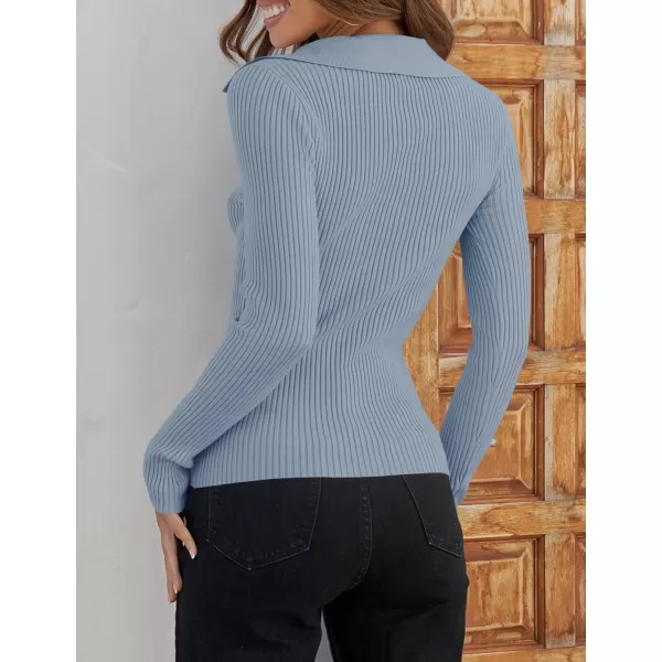 imageZESICA Womens 2023 Fall V Neck Shirts Long Sleeve Ribbed Knit Sweater Lapel Slim Fitted Casual Basic Tee TopsLightblue