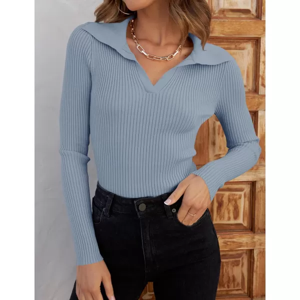 imageZESICA Womens 2023 Fall V Neck Shirts Long Sleeve Ribbed Knit Sweater Lapel Slim Fitted Casual Basic Tee TopsLightblue
