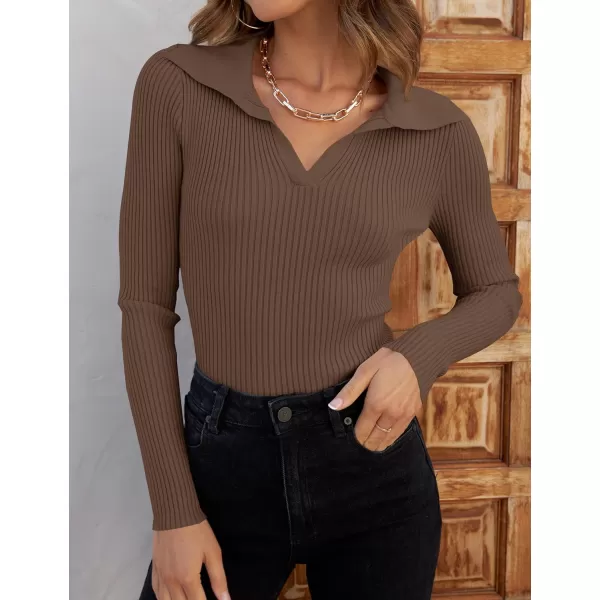 imageZESICA Womens 2023 Fall V Neck Shirts Long Sleeve Ribbed Knit Sweater Lapel Slim Fitted Casual Basic Tee TopsMocha
