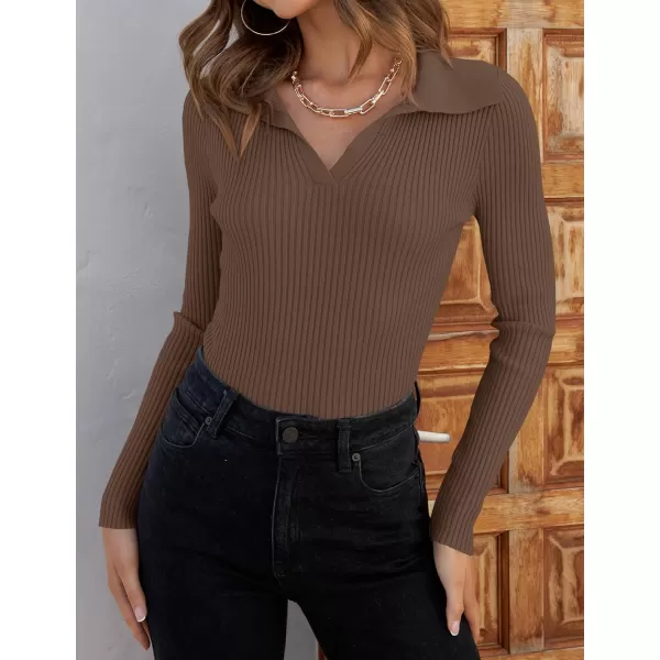 imageZESICA Womens 2023 Fall V Neck Shirts Long Sleeve Ribbed Knit Sweater Lapel Slim Fitted Casual Basic Tee TopsMocha